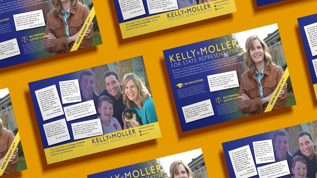 A layout of colorful postcards, advertising Kelly Moller for State Representative as a political candidate